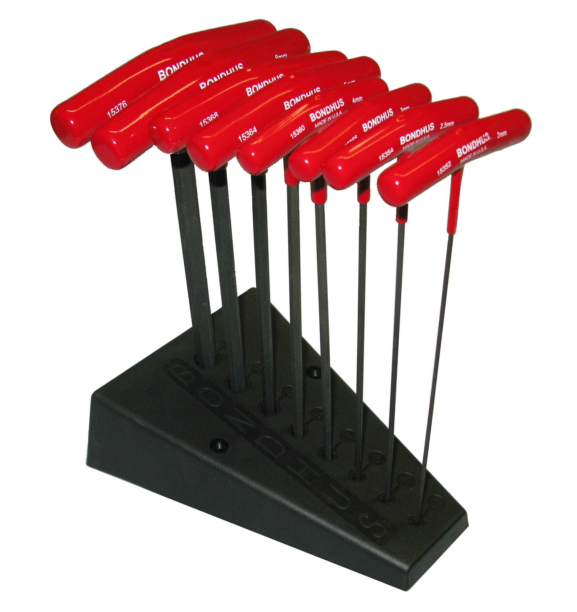 Bondhus 15389 9" Long, Metric T Handle Hex Key Set 2mm to 10mm with stand, set of 8