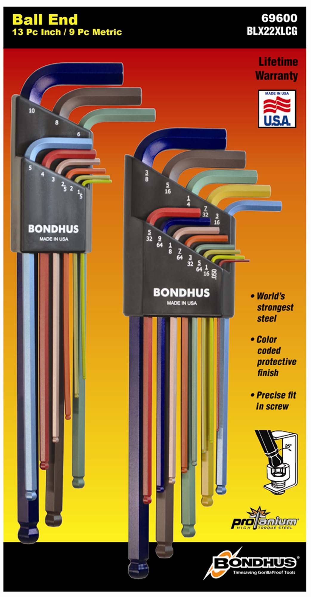 Bondhus 69600 050-3/8"&1.5-10mm ColorGuard Inch/Metric Combo 21 Piece Ball End Hex Key Set - Extra Long
