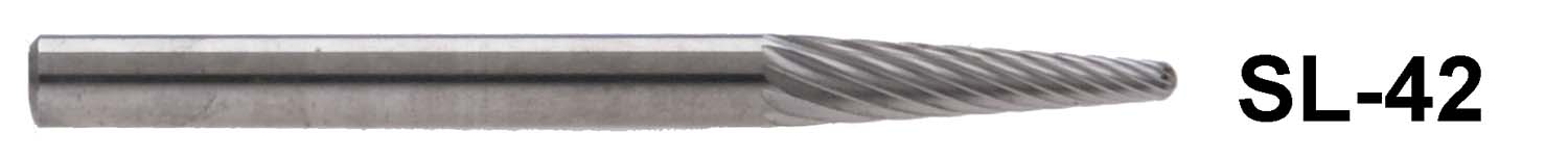 1/8" Shank Carbide Burr. SL-42. Taper Shape with Radius End. 1/8" head diameter, 1/2" head length