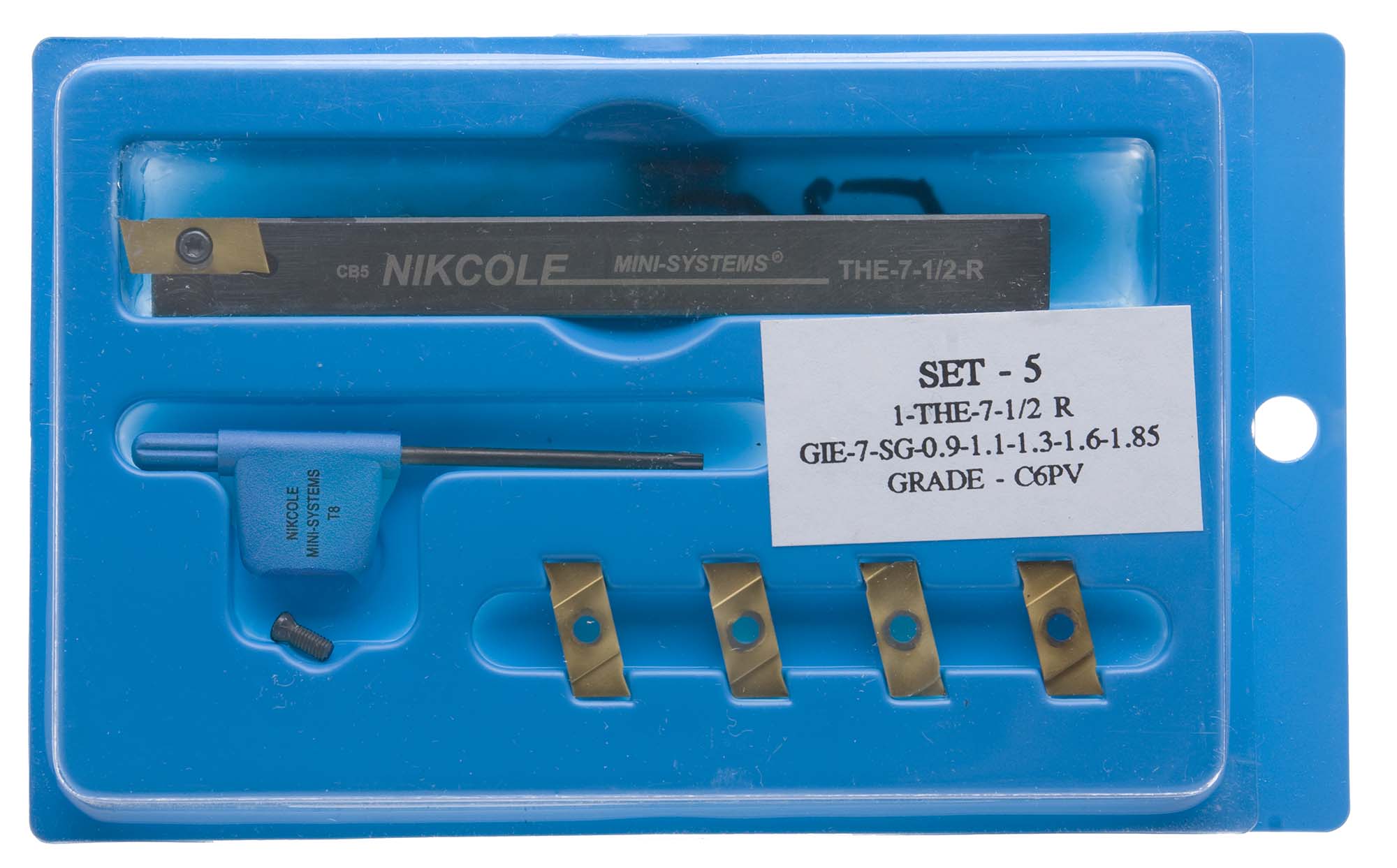 Nikcole SET 5 Mini-Groove Kit, 1/2" Shank toolholder plus 5 coated carbide grooving inserts .035-.073"